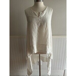 Women's High Low Sleeveless Top Blouse 100% Linen Italy White Flowy M/L